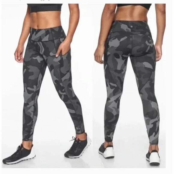Athleta Black & Gray Camo Contender 7/8 Powerlift Leggings Zipper Pockets - S - Picture 1 of 13